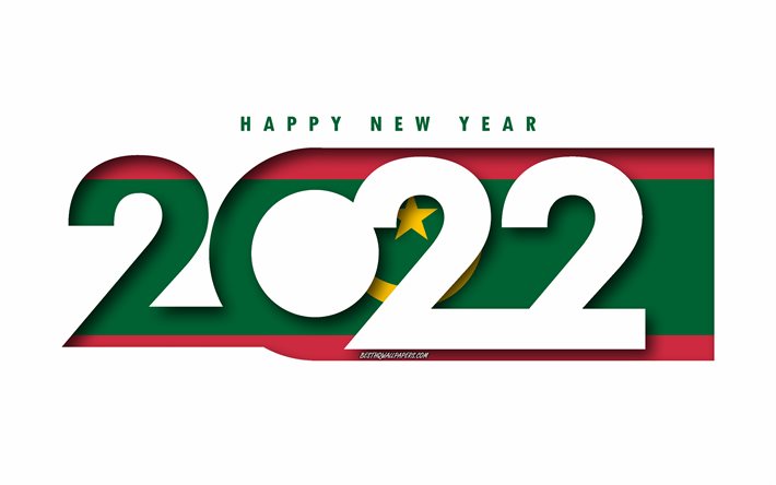 Hyv&#228;&#228; uutta vuotta 2022 Mauritania, valkoinen tausta, Mauritania 2022, Mauritania 2022 Uusi vuosi, 2022 konseptit, Mauritania, Mauritanian lippu