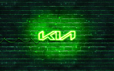KIA green logo, green brickwall, 4k, KIA new logo, cars brands, KIA neon logo, KIA 2021 logo, KIA logo, KIA