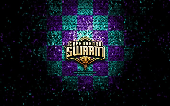 Greensboro Swarm, glitter logo, NBA G League, blue violet checkered background, basketball, american basketball team, Greensboro Swarm logo, mosaic art