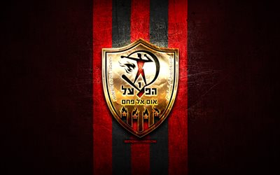 Hapoel Umm al-Fahm FC, logotipo dourado, Leumit League, fundo de metal vermelho, futebol, clube de futebol israelense, logotipo do Hapoel Umm al-Fahm, Hapoel Umm al-Fahm