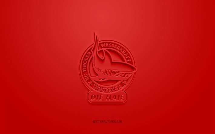 hc twk innsbruck, kreatives 3d-logo, roter hintergrund, elite ice hockey league, austrian hockey club, innsbruck, &#246;sterreich, hockey, hc twk innsbruck 3d-logo