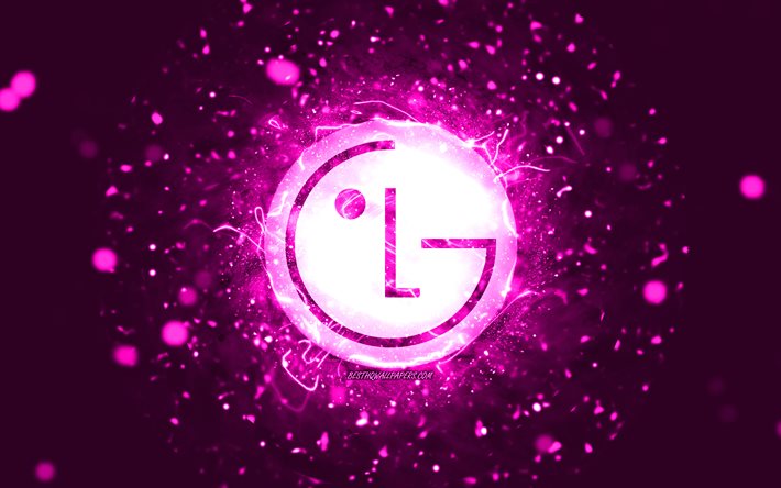 LG purple logo, 4k, purple neon lights, creative, purple abstract background, LG logo, brands, LG