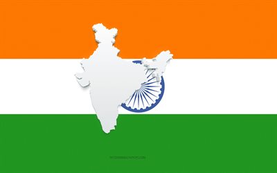 Hindistan haritası silueti, Hindistan Bayrağı, bayrakta siluet, Hindistan, 3d Hindistan haritası silueti, Hindistan bayrağı, Hindistan 3d haritası