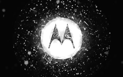 Motorola white logo, 4k, white neon lights, creative, black abstract background, Motorola logo, brands, Motorola