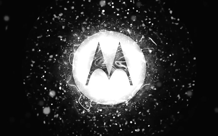 Motorola beyaz logosu, 4k, beyaz neon ışıkları, yaratıcı, siyah soyut arka plan, Motorola logosu, markalar, Motorola