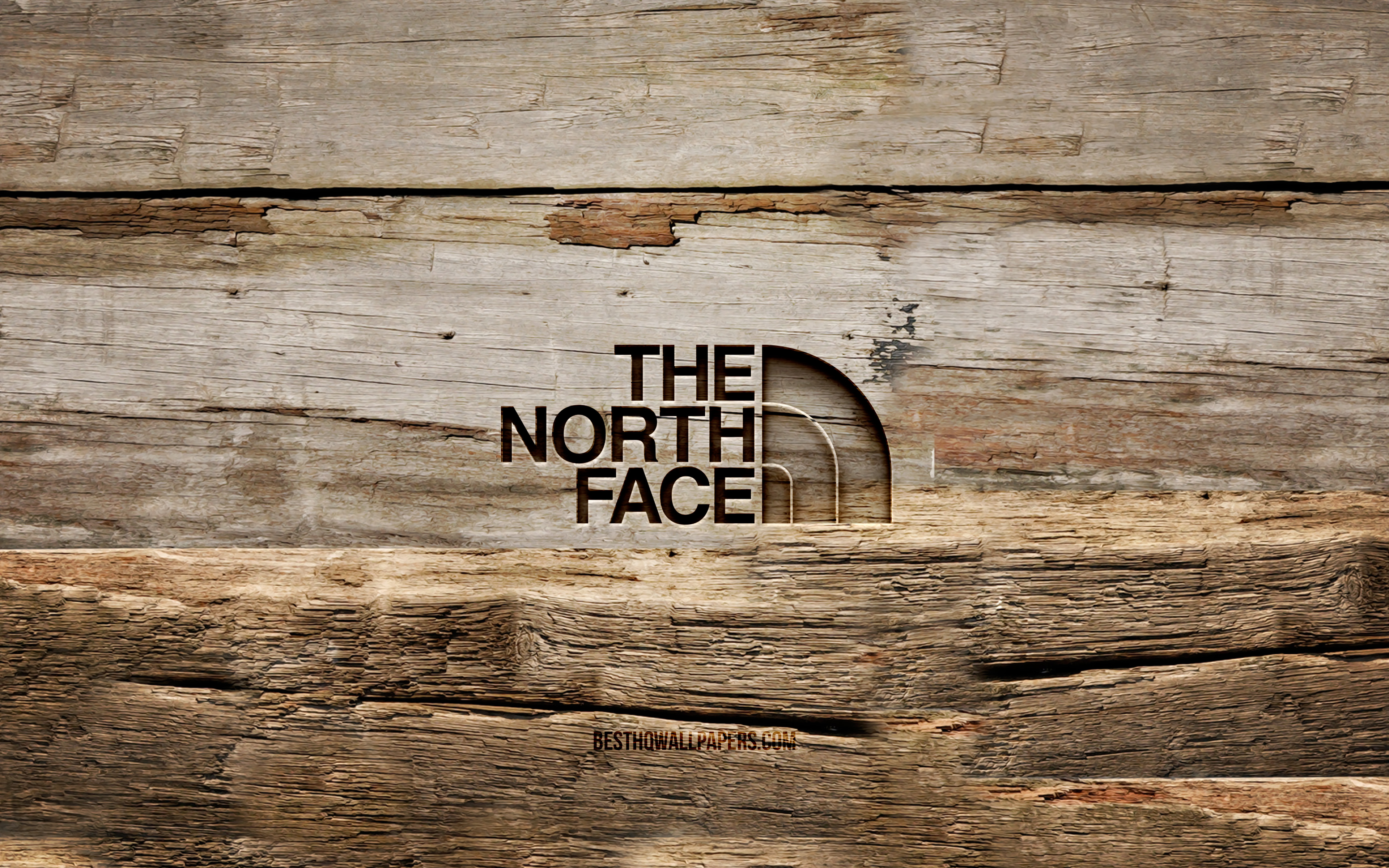 ダウンロード画像 ノースフェイスの木製ロゴ 4k 木製の背景 お The North Face ザ ノース フェイス Creative クリエイティブ 木彫り 画面の解像度 3840x2400 壁紙デスクトップ上