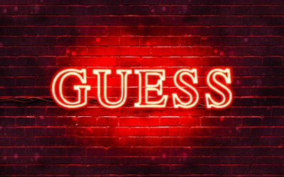 Guess red logo, 4k, red brickwall, Guess logo, brands, Guess neon logo, Guess