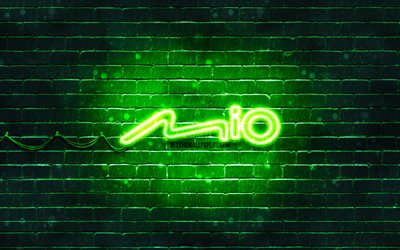 Logo vert Mio, 4k, mur de briques vert, logo Mio, marques, logo n&#233;on Mio, Mio