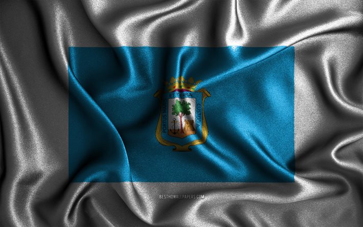 Huelva lippu, 4k, silkki aaltoilevat liput, Espanjan kaupungit, Huelvan p&#228;iv&#228;, Huelvan lippu, kangasliput, 3D-taide, Huelva, Huelva 3D lippu