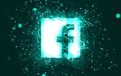 Facebookin turkoosi logo, 4k, turkoosi neon valot, luova, turkoosi abstrakti tausta, Facebook-logo, sosiaalinen verkosto, Facebook