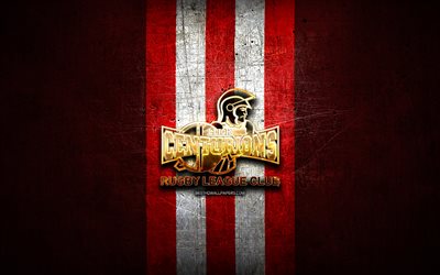 Leigh Centurions, golden logo, SLE, red metal background, english rugby club, Leigh Centurions logo, rugby