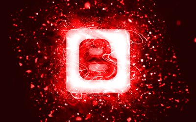 Blogger logo rouge, 4k, n&#233;ons rouges, cr&#233;atif, fond abstrait rouge, logo Blogger, r&#233;seau social, Blogger