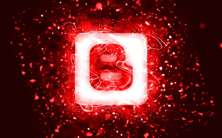Blogger logo rosso, 4k, luci al neon rosse, creativo, sfondo astratto rosso, logo Blogger, social network, Blogger