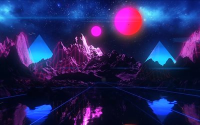 4k, abstract 3D landscape, creative, neon rays, abstract 3D mountains, abstract mountains, moon, abstract nature