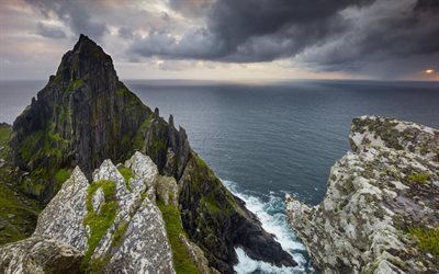 rocks, sunset, ocean, seascape, rocky coast, cloudy weather, Ireland