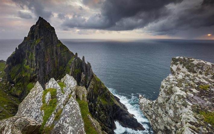 rocce, tramonto, oceano, paesaggio marino, costa rocciosa, tempo nuvoloso, Irlanda