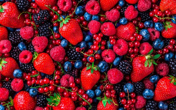 different berries, background with different berries, strawberries, blueberries, raspberries, blackberries