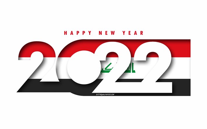 Hyv&#228;&#228; uutta vuotta 2022 Irak, valkoinen tausta, Irak 2022, Irak 2022 uusi vuosi, 2022 konseptit, Irak, Irakin lippu