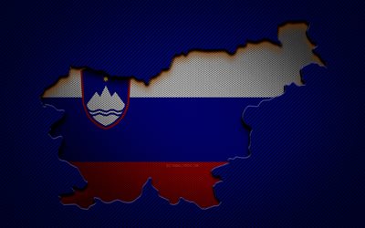 Slovenya haritası, 4k, Avrupa &#252;lkeleri, Sloven bayrağı, mavi karbon arka plan, Slovenya harita silueti, Slovenya bayrağı, Avrupa, Sloven haritası, Slovenya
