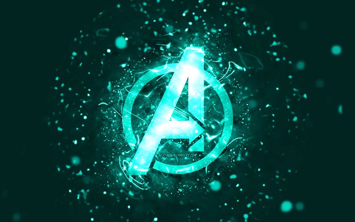 Avengers turquoise logo, 4k, turquoise neon lights, creative, turquoise abstract background, Avengers logo, superheroes, Avengers