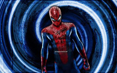 Spiderman, bl&#229; grungebakgrund, superhj&#228;ltar, Marvel Comics, Spider-Man, vortex, Spiderman 4K