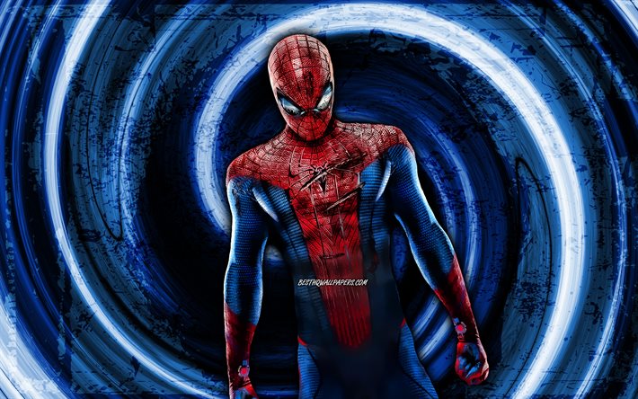spiderman, blauer grunge-hintergrund, superhelden, marvel-comics, spider-man, wirbel, spiderman 4k