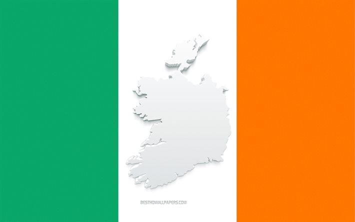 Irlanda mappa silhouette, bandiera dell&#39;Irlanda, silhouette sulla bandiera, Irlanda, 3d Irlanda mappa silhouette, Irlanda mappa 3d