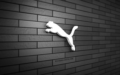 Logo Puma 3D, 4K, mur de briques gris, créatif, marques, logo Puma, art 3D, Puma