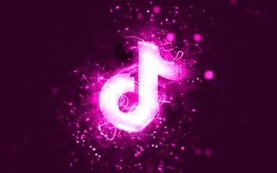 TikTok viola logo, 4k, luci al neon viola, creativo, viola sfondo astratto, logo TikTok, social network, TikTok