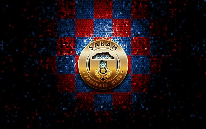 Sabah FC, glitter logo, Malaysia Super League, red blue checkered background, soccer, malaysian football club, Sabah FC logo, mosaic art, football, FC Sabah