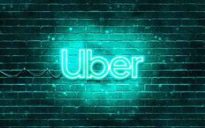 Logo Uber turchese, 4k, muro di mattoni turchese, logo Uber, marchi, logo Uber neon, Uber