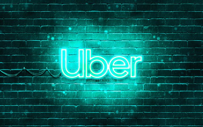 Uber turkuaz logosu, 4k, turkuaz brickwall, Uber logosu, markalar, Uber neon logosu, Uber