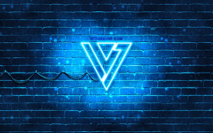 Seventeen logo blu, 4k, K-pop, star della musica, muro di mattoni blu, logo Seventeen, marchi, K-Pop Boy Band, Seventeen logo neon, Seventeen
