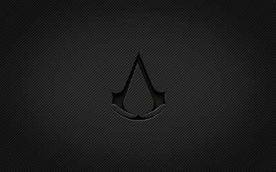 Assassins Creed carbon logo, 4k, grunge art, carbon background, creative, Assassins Creed black logo, online games, Assassins Creed logo, Assassins Creed