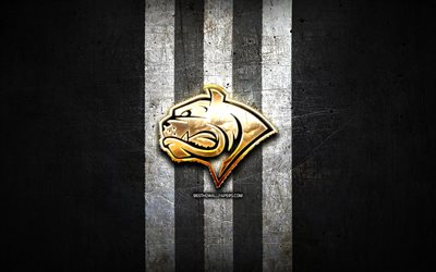 Dornbirn Bulldogs, kultainen logo, ICE Hockey League, musta metalli tausta, it&#228;valtalainen j&#228;&#228;kiekkojoukkue, ICE Hockey League -logo, j&#228;&#228;kiekko