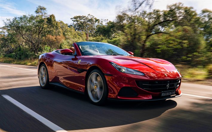 Ferrari Portofino M, 4k, AU-spec, 2021 carros, cabriolet vermelho, rodovia, supercarros, 2021 Ferrari Portofino M, carros italianos, Ferrari