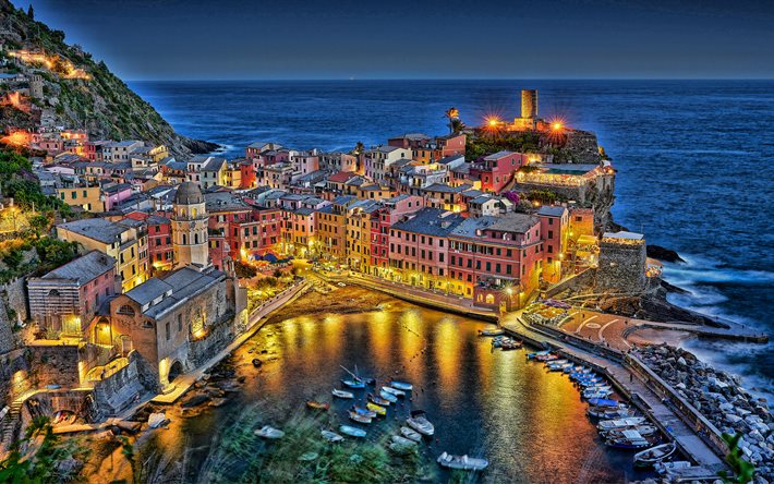 Vernazza, Cinque Terre, Mar Ligure, sera, tramonto, HDR, baia di Vernazza, Vernazza Ranrama, Liguria, Italia