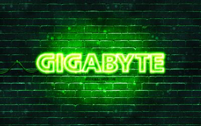 Logo vert Gigabyte, 4k, mur de briques vert, logo Gigabyte, marques, logo n&#233;on Gigabyte, Gigabyte