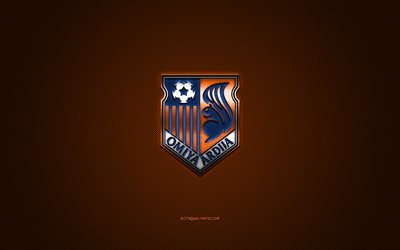 Omiya Ardija, clube de futebol japon&#234;s, logotipo azul, fundo laranja de fibra de carbono, J2 League, futebol, Omiya, Jap&#227;o, logotipo Omiya Ardija