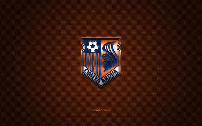 Omiya Ardija, club de f&#250;tbol japon&#233;s, logo azul, fondo naranja de fibra de carbono, J2 League, f&#250;tbol, Omiya, Jap&#243;n, logo de Omiya Ardija