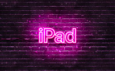 Logotipo roxo do iPad, 4k, parede de tijolos roxa, logotipo do iPad, Apple iPad, marcas, logotipo neon do iPad, iPad