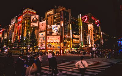 Tokyo, 4k, crossroads, nightscapes, japanese cities, Asia, Japan, pedestrian crossings, skyscrapers, modern cities