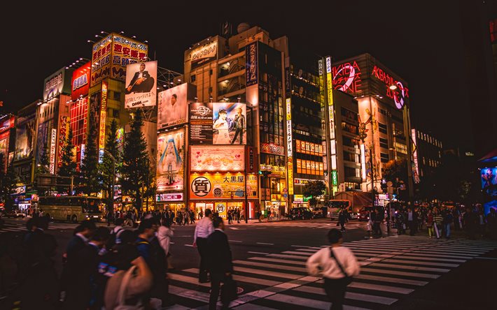 Tokyo, 4k, carrefour, paysages nocturnes, villes japonaises, Asie, Japon, passages pi&#233;tons, gratte-ciel, villes modernes