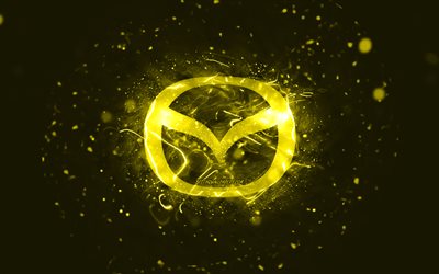 Mazda yellow logo, 4k, yellow neon lights, creative, yellow abstract background, Mazda logo, cars brands, Mazda