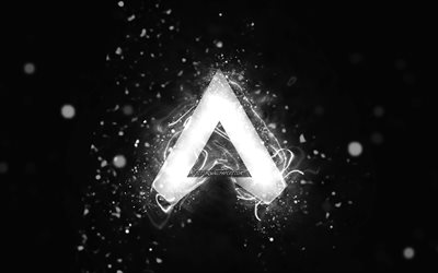 Apex Legends white logo, 4k, white neon lights, creative, black abstract background, Apex Legends logo, games brands, Apex Legends