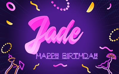 誕生日おめでとう, 4k, 紫のパーティーの背景, ジェイド, クリエイティブアート, ジェイドの誕生日おめでとう, 翡翠の名前, 翡翠の誕生日, 誕生日パーティーの背景