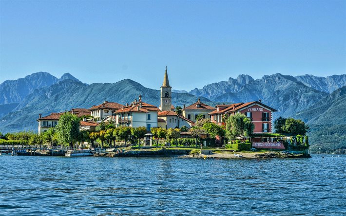 Isola dei Pescatori, Lago Maggiore, lago di montagna, Alpi, estate, paesaggio di montagna, Italia