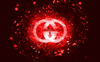gucci rotes logo, 4k, rote neonlichter, kreativ, roter abstrakter hintergrund, gucci-logo, marken, gucci
