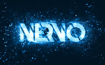 Nervo blue logo, 4k, Australian DJs, blue neon lights, Olivia Nervo, Miriam Nervo, blue abstract background, Nick van de Wall, Nervo logo, music stars, Nervo