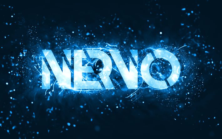 Logo bleu Nervo, 4k, DJ australiens, n&#233;ons bleus, Olivia Nervo, Miriam Nervo, fond abstrait bleu, Nick van de Wall, logo Nervo, stars de la musique, Nervo